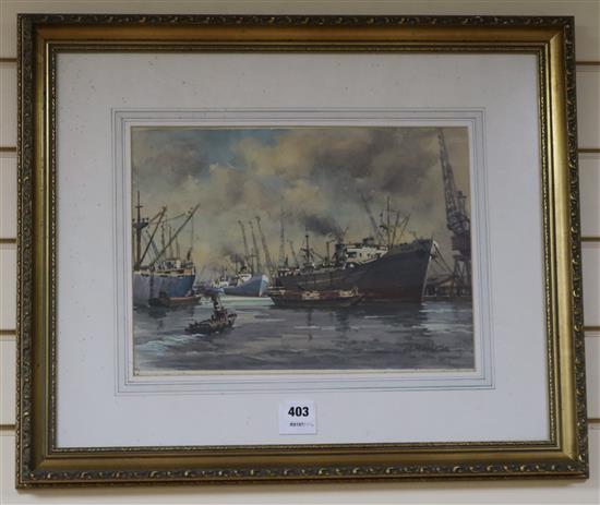 J C Middleton, watercolour, shipping in harbour 27 x 36cm.